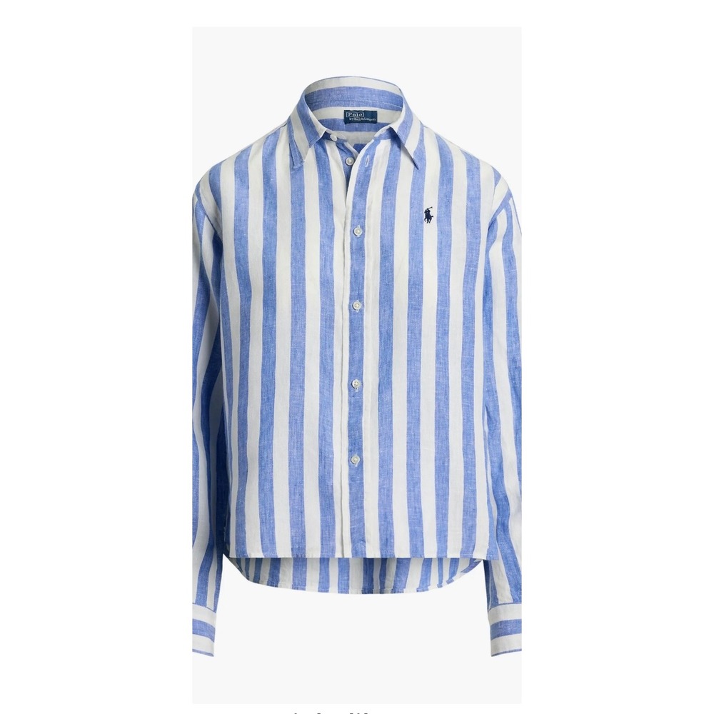 Polo Ralph Lauren Blue White Striped Linen Shirt Crop Boxy Fit XL - Picture 10 of 14